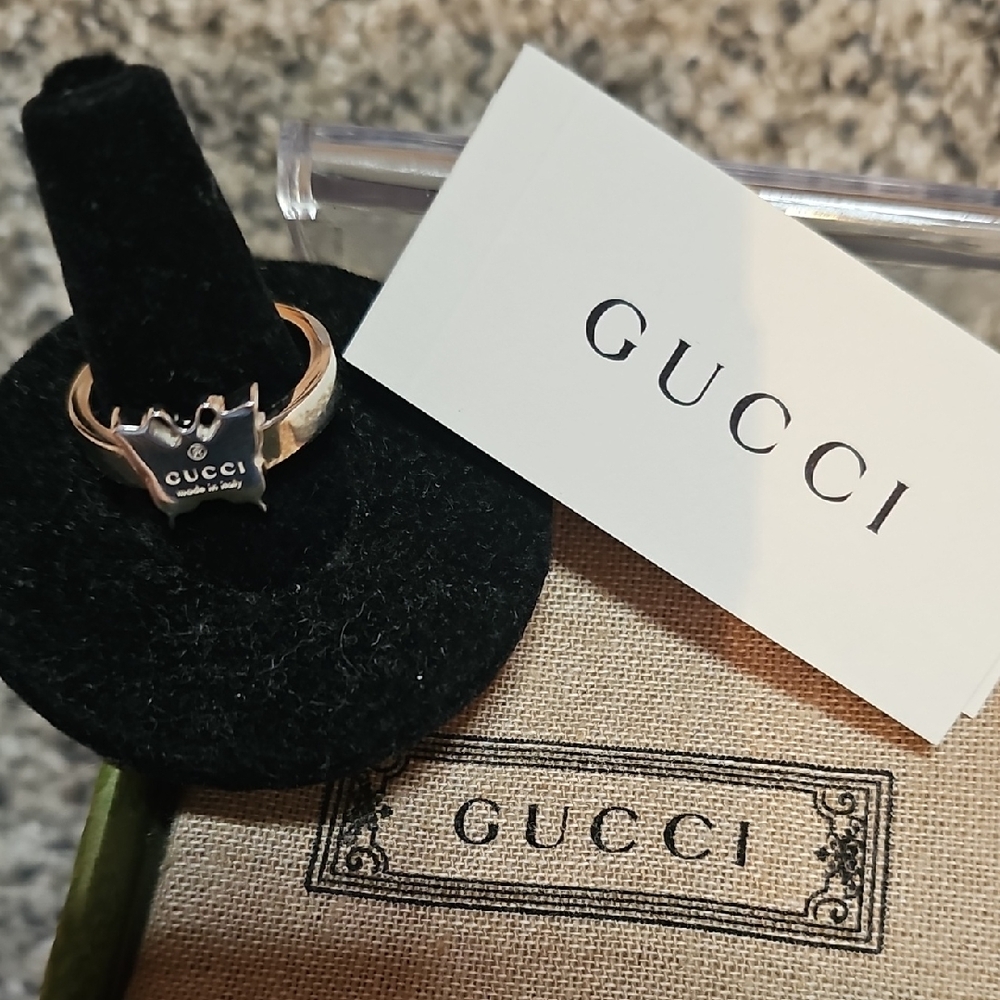 Gucci NWT Sterling Silver Women's Butterfly Ring with Logo Detail, Size 8